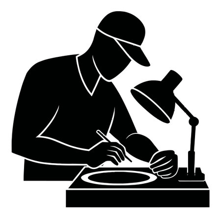 A silhouette of an artist using a pencil at a workspace, illuminated by a lamp. The scene captures creativity and focus in the art-making process, perfect for design inspiration.のイラスト素材