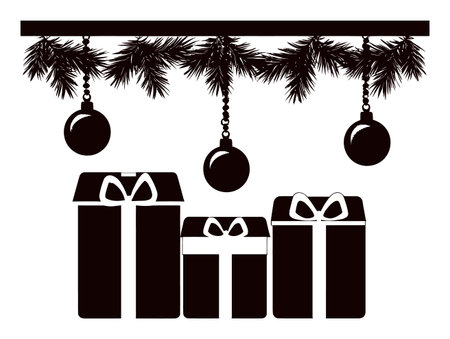 Hand-drawn silhouette of festive Christmas gifts adorned with bows and hanging ornaments. Elegant design captures holiday spirit in a simple, stylish manner.のイラスト素材