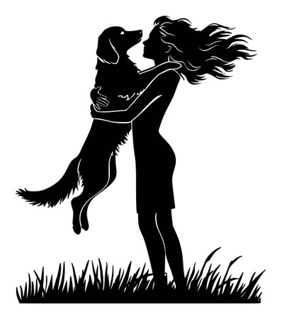 This elegant silhouette features a woman joyfully embracing her dog, capturing the bond between humans and their pets in an abstract artistic style.のイラスト素材
