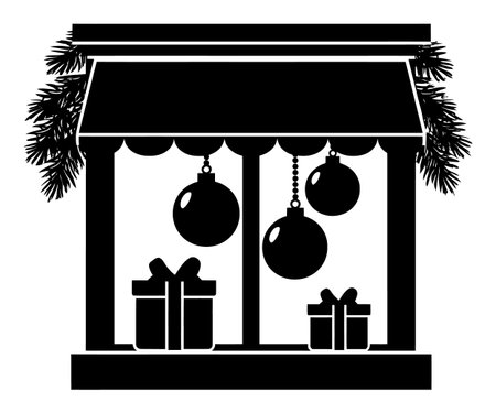 This abstract hand-drawn illustration features a festive window display adorned with ornaments and gifts. Perfect for holiday-themed projects or designs.のイラスト素材