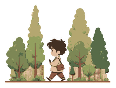 A charming cartoon character strolls through a vibrant city park filled with lush trees and greenery, creating a serene outdoor atmosphere perfect for relaxation.のイラスト素材