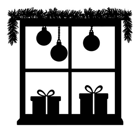 This abstract art piece showcases a hand-drawn window silhouette adorned with holiday decorations and gifts, perfect for festive themes and seasonal designs.のイラスト素材