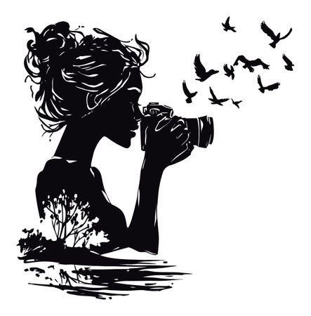 A striking silhouette of a woman capturing a moment with her camera, surrounded by flying birds and nature. Perfect for artistic and creative themes.のイラスト素材