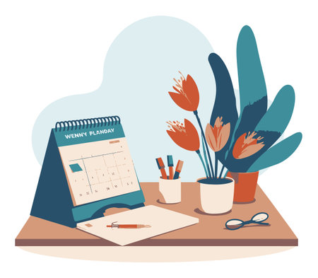 Vibrant cartoon illustration of a modern workspace featuring a calendar, potted flowers, and various office supplies, perfect for creative planning and organization.のイラスト素材