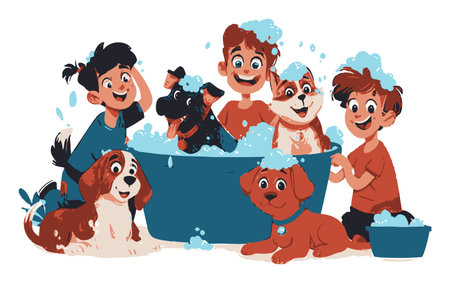 A lively cartoon illustration of kids having a great time washing playful dogs in a tub filled with bubbles. The scene captures joy, fun, and friendship during a pet grooming session.のイラスト素材
