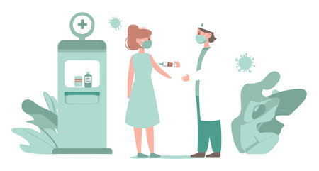 A modern healthcare scene showing a healthcare professional assisting a patient in a medical environment. Emphasizing safety and wellness with masks and health supplies.のイラスト素材