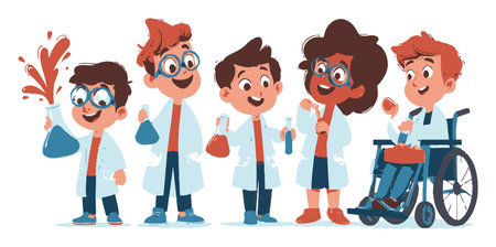 Five cheerful children engage in fun science experiments, showcasing creativity and teamwork with colorful lab equipment. Perfect for educational themes and youth activities.のイラスト素材