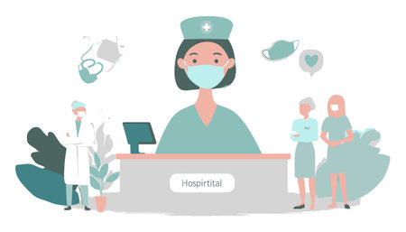 Illustrative scene of a nurse at a reception desk surrounded by healthcare symbols. The design depicts medical staff, masks, and elements of care and compassion.のイラスト素材
