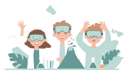 A vibrant illustration of children excitedly participating in science experiments. The scene captures their joy and curiosity as they engage in fun and educational activities.のイラスト素材