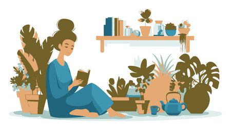 A serene illustration of a woman reading a book amidst lush indoor plants, showcasing a cozy lifestyle scene perfect for home decoration and relaxation.のイラスト素材