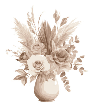 This elegant vintage floral arrangement features soft roses and pampas grass in a stylish vase, perfect for home decor or art display, conveying a serene ambiance.のイラスト素材