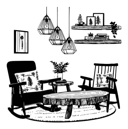 Explore this artistic hand-drawn illustration depicting a cozy living room space, featuring modern furniture, stylish decor, and charming lighting elements.のイラスト素材