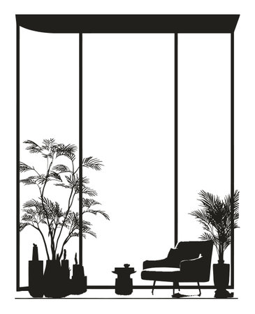 This abstract drawing features a minimalist indoor space with silhouetted plants and modern furniture. Perfect for creative projects and inspiration.のイラスト素材