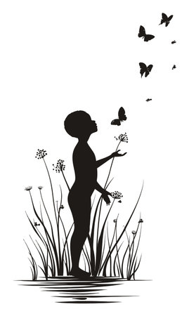 A striking silhouette of a child interacting with butterflies amid abstract plants, symbolizing growth, innocence, and harmony in nature.のイラスト素材