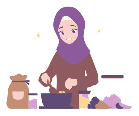 A cheerful woman in a hijab enjoys cooking with various spices and ingredients in a modern kitchen. This vibrant vector illustration captures the joy of culinary creativity.のイラスト素材