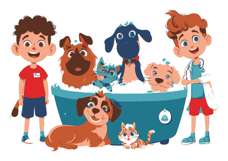 Charming illustration of cheerful kids bathing adorable pets in bubbles, illustrating joy and companionship, perfect for children's themes and animal care projects.のイラスト素材