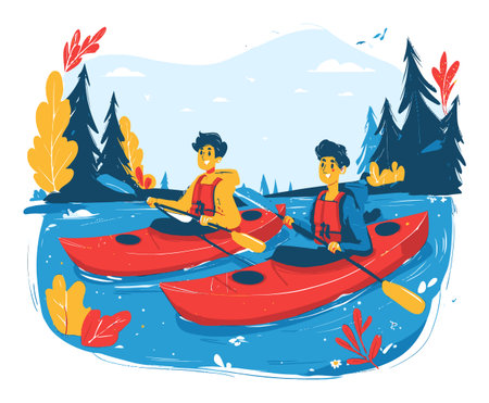 Enjoy this colorful illustration of two young adventurers kayaking through a picturesque river scene, surrounded by vibrant trees and autumn leaves.のイラスト素材