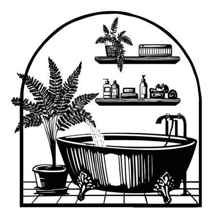 This elegant black and white illustration showcases a vintage bathroom with a bathtub and charming plants. Perfect for home decor or artistic projects.のイラスト素材