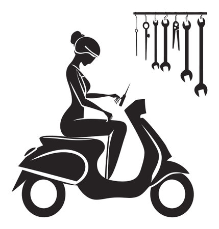 This abstract artwork features a stylish female silhouette riding a scooter, complemented by hanging tools, symbolizing mechanics and creativity in a chic design.のイラスト素材