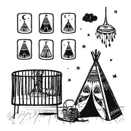 Explore a whimsical hand-drawn illustration of a serene nursery featuring a cozy crib and playful teepee, perfect for sparking creativity and imagination in children.のイラスト素材