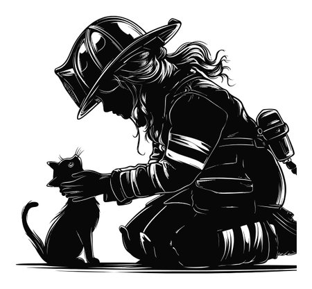 This abstract illustration features a silhouette of a girl firefighter tenderly interacting with a small cat, showcasing themes of kindness and care.のイラスト素材