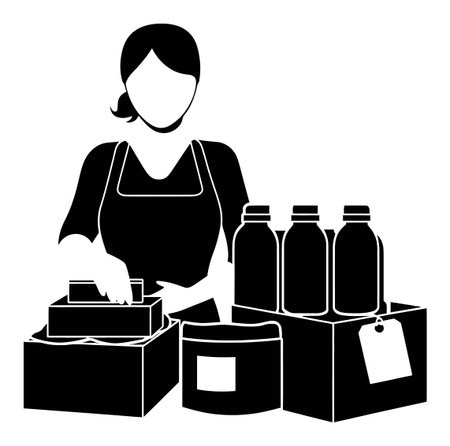 This minimalist silhouette artwork features a woman packing products into boxes, showcasing retail activity and organization in a graphic design style.のイラスト素材