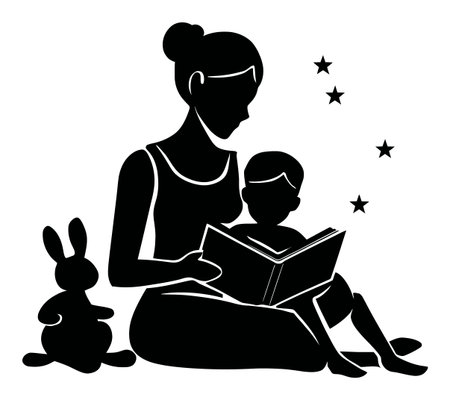 This silhouette image depicts a mother reading a book to her child, complemented by a cute bunny and whimsical stars, evoking warmth and imagination.のイラスト素材