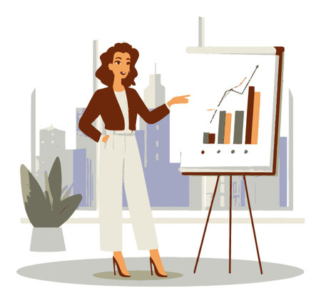 A vibrant vector illustration of a professional woman in a modern office presenting a growth chart, showcasing success and confidence in business strategy.のイラスト素材