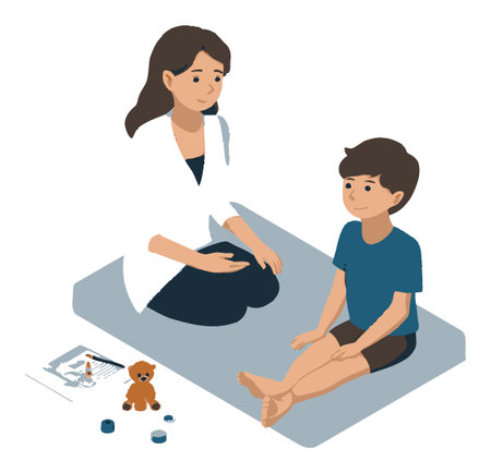An illustration depicting a therapist engaging with a young boy during a child therapy session. The scene conveys care, understanding, and support in a calm environment.のイラスト素材