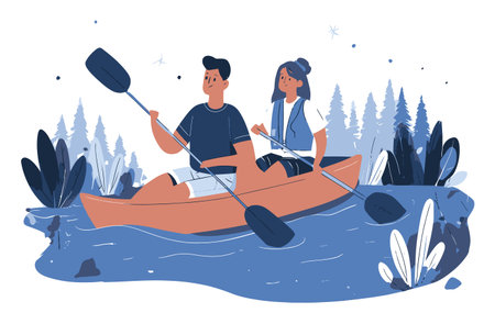 A vibrant cartoon illustration depicting a couple kayaking together in a serene natural setting, surrounded by lush trees and aquatic plants.のイラスト素材