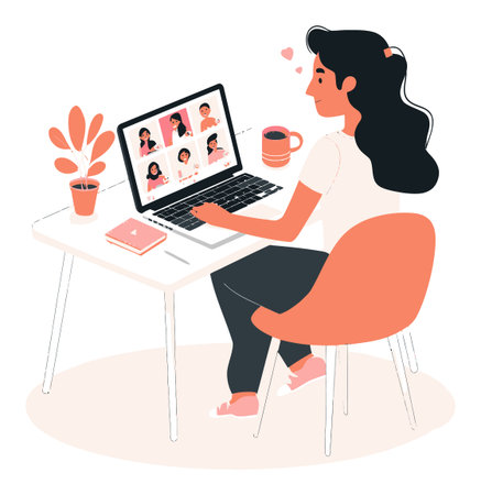 A cheerful woman sits at a modern desk, working on her laptop with a coffee cup beside her. Ideal for illustrating remote work concepts and lifestyle themes.のイラスト素材