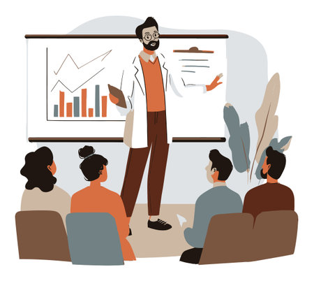 A professional male speaker presents data insights using charts and graphs to an engaged audience. The illustration captures the essence of effective communication in a modern business setting.のイラスト素材
