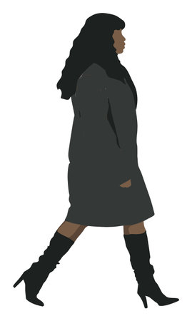 This vector illustration features a stylish silhouette of a woman in a coat and high heels, embodying elegance and confidence. Perfect for fashion-related themes.のイラスト素材