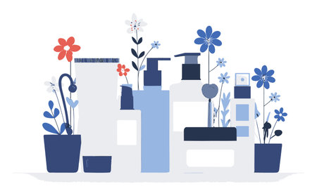 This vibrant vector illustration showcases colorful cartoon-style bottles surrounded by flowers. Perfect for beauty and wellness themes.のイラスト素材