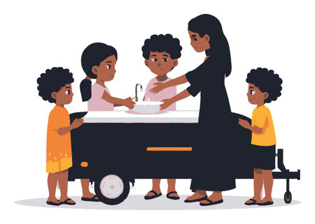 This vibrant cartoon illustration showcases a woman and children gathered around a water station, emphasizing community, interaction, and playful engagement.のイラスト素材