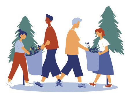 A vibrant vector illustration showcasing a diverse group of people joyfully carrying plants. This cartoon-style art captures the essence of teamwork and environmental care.のイラスト素材