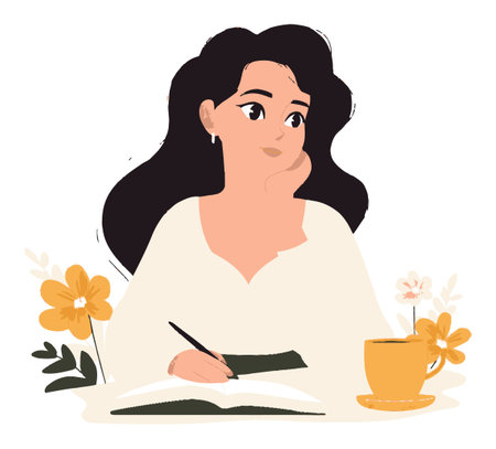 A charming vector illustration of a thoughtful young woman writing in her notebook. Surrounded by flowers and a cup of coffee, she embodies creativity and inspiration.のイラスト素材