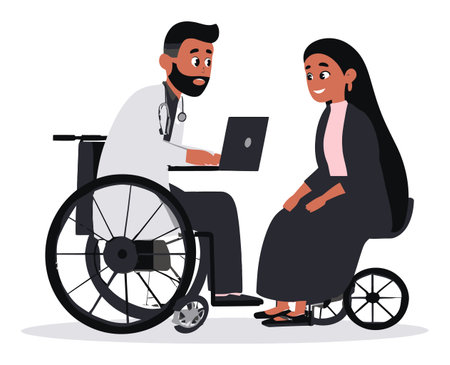A colorful cartoon illustration depicting a friendly doctor consulting a patient in a wheelchair using a laptop, showcasing accessibility and compassion in healthcare.のイラスト素材