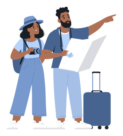 Vibrant cartoon vector illustration of two happy travelers holding a map and camera, ready for adventure. Perfect for travel-related content.のイラスト素材