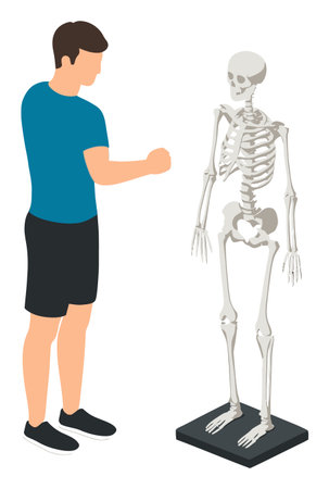 Educational illustration of a person interacting with a skeleton model, perfect for anatomy classes or healthcare training. Ideal for visual learning and teaching.のイラスト素材