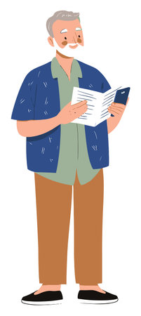 This vibrant cartoon-style vector illustration features a cheerful senior man reading a document while holding a smartphone. Perfect for themes of information, communication, and active lifestyle.のイラスト素材