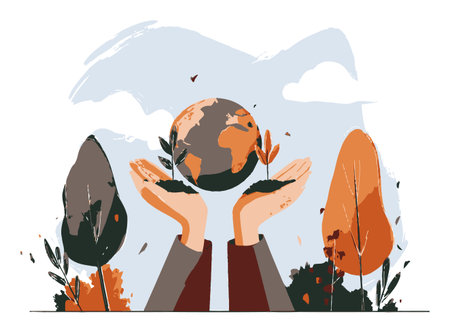 This vector illustration showcases hands holding the Earth with budding plants, symbolizing growth and environmental care amidst stylized trees and clouds.のイラスト素材