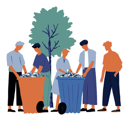 This vibrant vector cartoon illustration depicts a group of diverse people engaged in cleaning up waste from two bins, promoting environmental awareness and teamwork.のイラスト素材