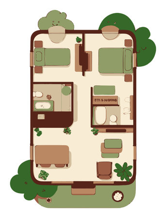Explore this charming cartoon-style home design featuring a cozy layout with nature elements. Ideal...