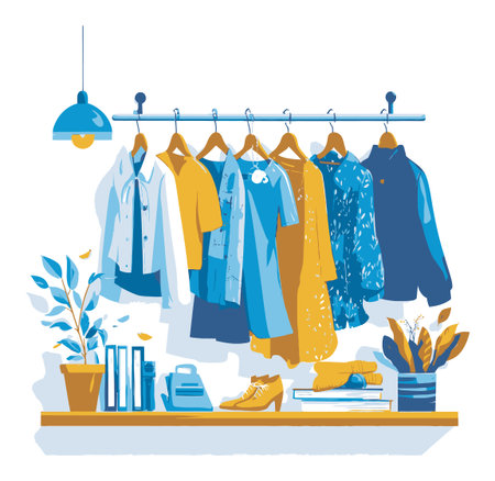 Enjoy this colorful cartoon illustration featuring an array of stylish clothes on hangers, accompanied by decorative accessories, perfect for fashion enthusiasts and boutique designs.のイラスト素材