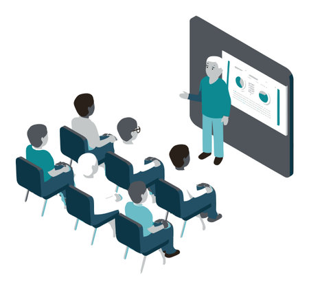 Engaging illustration of a business meeting where a speaker presents data to an audience. The modern office setting showcases effective communication and teamwork.のイラスト素材