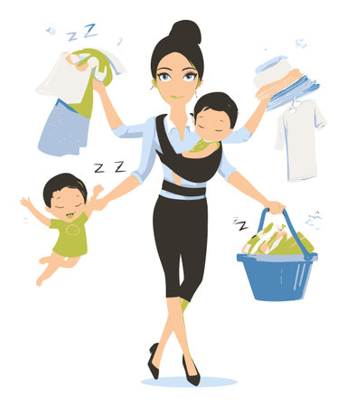 A lighthearted cartoon illustration of a busy mom juggling laundry and caring for two children. This vibrant vector art captures the essence of modern motherhood and multitasking.のイラスト素材