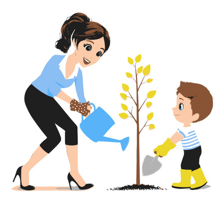 A cheerful illustration of a woman and child joyfully planting a tree together, showcasing bonding, nature care, and environmental awareness in a colorful cartoon style.のイラスト素材