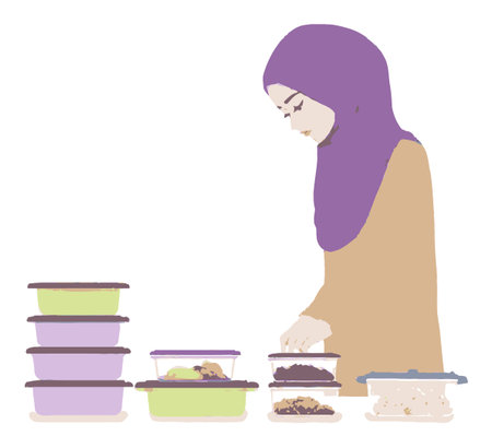 A serene illustration of a woman in a hijab thoughtfully organizing food containers in a stylish kitchen, highlighting cultural culinary practices and modern organization.のイラスト素材