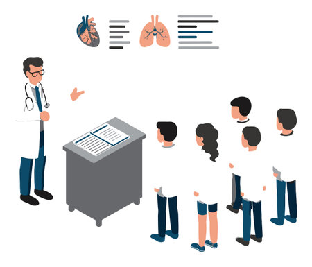 Engaging illustration of a doctor delivering a medical presentation to an attentive audience, highlighting key health concepts such as anatomy and wellness. Perfect for educational materials.のイラスト素材